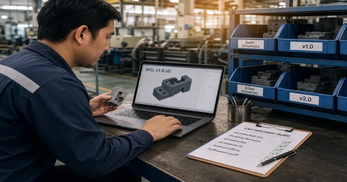 Revision control ไฟล์อะไหล่พิมพ์ 3D โรงงาน — ล็อกเวอร์ชันก่อนชิ้นผิดขึ้นไลน์