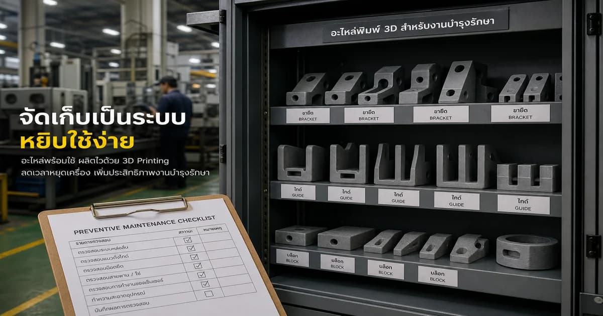คลังอะไหล่พิมพ์ 3D โรงงาน — วางแผน preventive maintenance ให้ไลน์ไม่หยุดเพราะชิ้นเล็ก