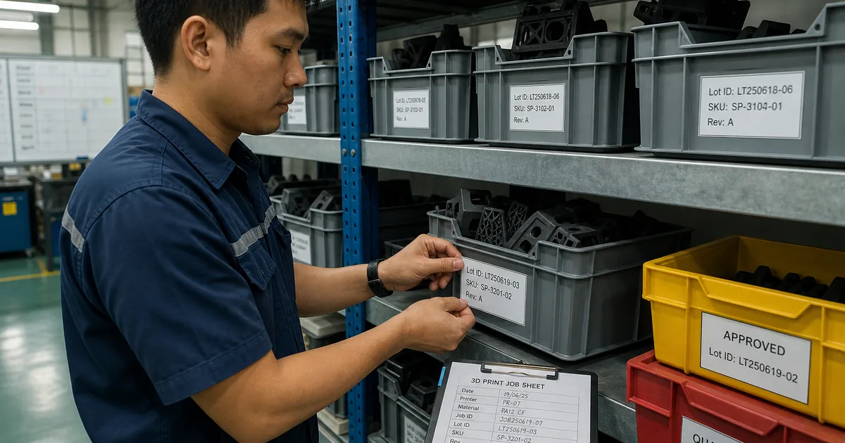 lot traceability อะไหล่พิมพ์ 3D โรงงาน — รู้ว่าชิ้นนี้มาจาก batch ไหน ไม่ใช่แค่ 'มีของใน bin'