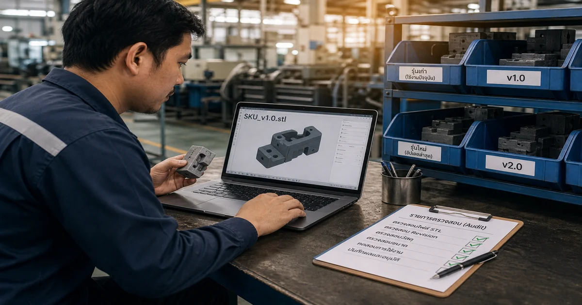 Revision control ไฟล์อะไหล่พิมพ์ 3D โรงงาน — ล็อกเวอร์ชันก่อนชิ้นผิดขึ้นไลน์